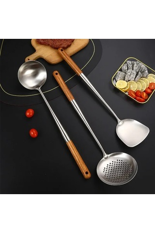 Mufunye 304 Paslanmaz Çelik Profesyonel Mutfak Kolu Seti Uzun Ahşap Saplı Wok Kolu, Sopa Ve Büyük Süzgeçli Kova - Ev Ve Şef Kullanıma Uygun Diğer