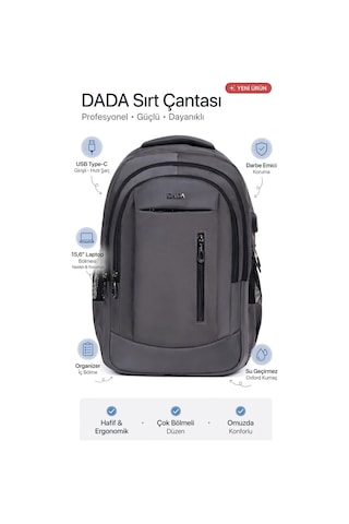 Markahit Dada Usb Type-c Girişli Sırt Çantası 15,6 İnç Organizer İç Bölme Darbe Emici Koruma Su Geçirmez Oxfo Gri