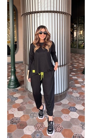 Gülsüm Aydın Kadın Iki Iplik Viskon Pamuk Kumaş Arma Detaylı Ikili Takım Siyah