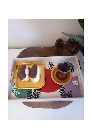 El Boyaması Desenli Ahşap Dikdörtgen Model Çay , Kahve , Söz Nişan Dekoratif Servis Sunum Tepsisi Çok Renkli