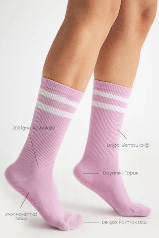 Bambu Kadın Lila Kaydırmaz Taban Silikon Baskı Yoga Fitness Pilates Bale Dans Tenis Çorabı Çok Renkli