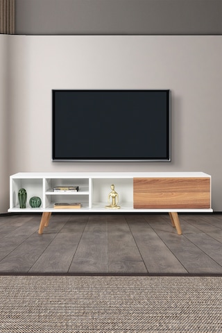 3630 Ela 160 Cm Ahşap Ayaklı Tv Ünitesi , Beyaz - Söğüt , Tv Sehpası , Salon , Oturma Odası Diğer