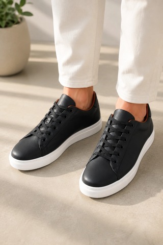 Mevese Austin Bağcıklı Cilt Erkek Günlük Sneaker Ayakkabı - Siyah Beyaz