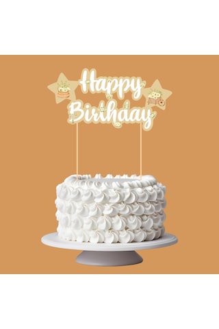 Papatya Temalı Happy Birthday Kaligrafi Pasta Üstü Süs Tüm Yaşlar