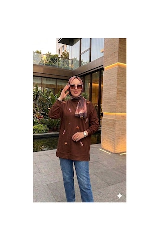 Butik Nakış İşlemeli Tesettür Sweatshirt Kahverengi Tesettür Sweatshirt Kahverengi Tesettür Sweatshirt