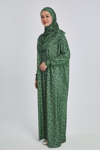 Pratik Tek Parça Çiçek Desenli Namaz Elbisesi Yeşil