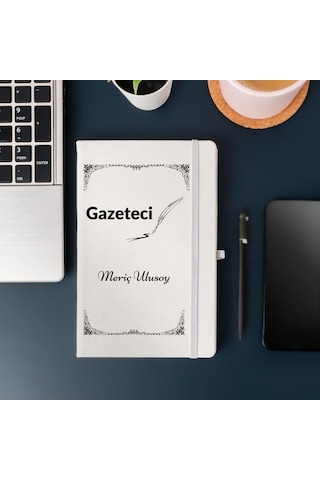 Gazetecilere Özel Kişiye Özel Deri Kapak Hediyelik Not Defteri Beyaz