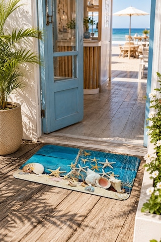 Esnature Deniz Kumsal Deniz Yıldızlı Mavi Kapı Önü Paspası 45x70 Cm Çok Renkli