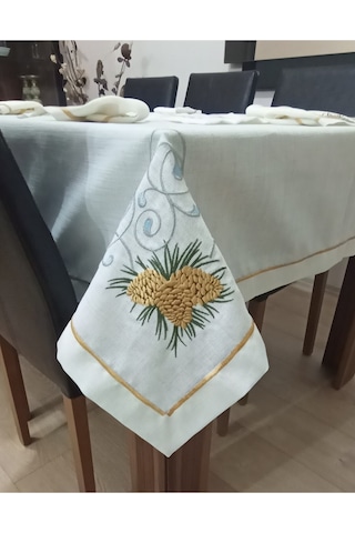 Nakışlı Desenli Masa Örtüsü Takımı 8 Kişilik 10 Parça Peçete Runner Krem