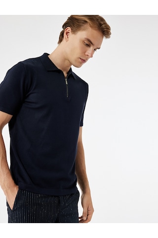 Koton Viskon Regular Fit Polo Yaka Yarım Fermuarlı Kısa Kollu Triko Tişört Lacivert 6wam70011ht Lacivert