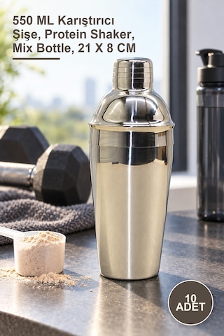 10 Adet Çelik Shaker 550 Ml Karıştırıcı Şişe, Protein Shaker, Mix Bottle, 21 X 8 Cm Sarı