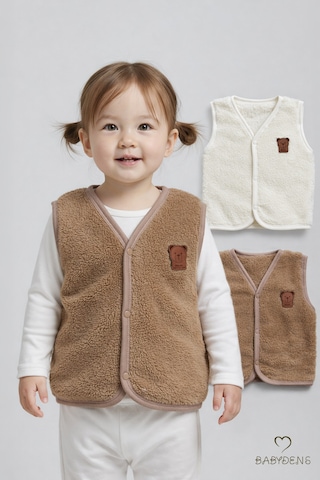 Babyden's 2 Li Welsoft Yelek Seti Kız Bebek Çocuk Ayıcık Armalı Peluş Yumuşak Kışlık Yelek Kahverengi - Beyaz