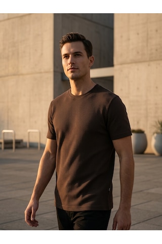 Süvari Regular Kalıp Hava Alan Waffle Desenli T-shirt Kahverengi