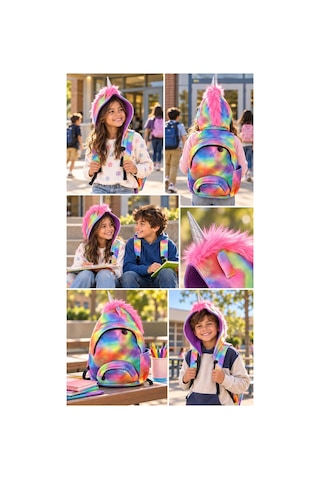 Unisex Çocuk Su Geçirmez Unicorn Tasarımlı Çıkarılabilir Kapüşonlu Sırt Çantası Çok Renkli