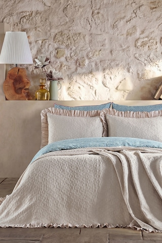 Doqu Home Leris Bouquet Fırfırlı Yatak Örtüsü Çift Kişilik Taş Ekru