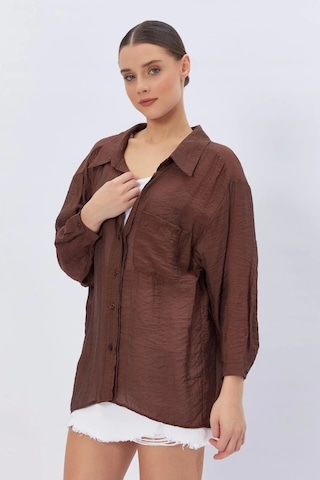 Defymoda Cepli Oversize Gömlek - Kahve Kahve