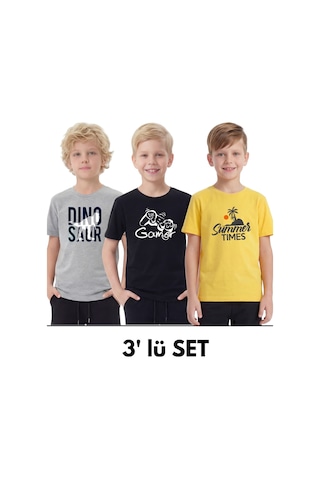 Fyk Kids 3'lü Yuvarlak Yakalı Baskı Detaylı Basic 3 Parça Erkek Çocuk Tişört Gri - Sarı