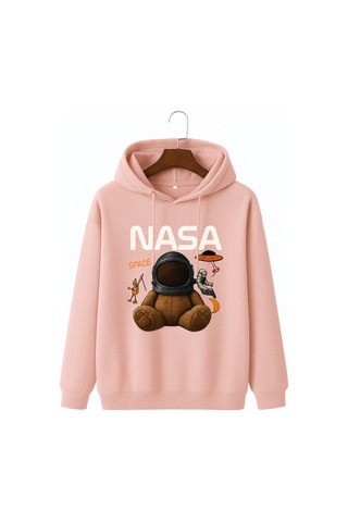 Kokina 3 İplik Penye Unisex Nasa Ayıcık Baskılı Kapüşonlu Sweatshirt Pembe