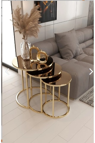 Ecoline Desing Gold Metal Kırılmaz Bronz Ayna 3'lü Zigon Sehpa Bronz