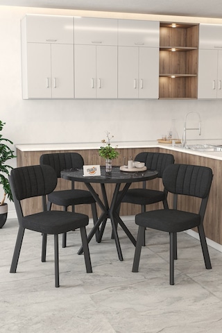 Gnr 90cm Sabit Siyah Mutfak Masası Takımı, Yemek Masası, 4 Modern Siyah Sandalye Siyah