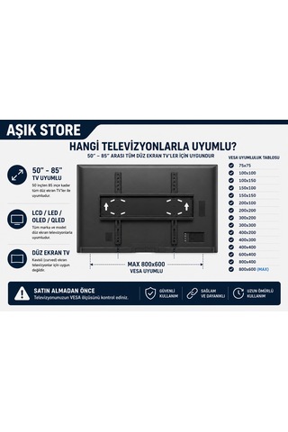 Sabit Tv Askı Aparatı 50 85" Vesa 800 600 60 Kg