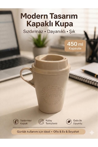Kulplu Kapaklı Çay Kahve Bardağı Plastik - Mug Sıcak Içecek Bardağı 450 Ml Krem