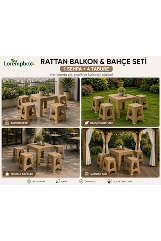 Lorempbox Rattan Balkon & Bahçe Seti 5 Parça 1 Sehpa + 4 Tabure Bej Diğer
