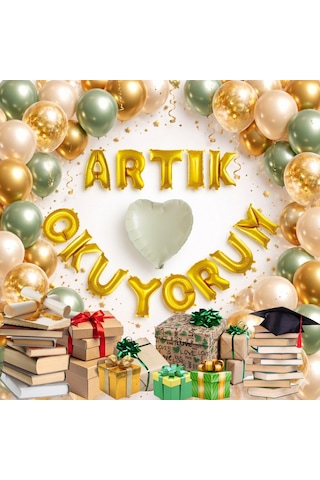 Artık Okuyorum Folyo Harf Balon Küf Yeşili Gold Konfetili Okuma Bayramı Temalı Süsleme Çok Renkli