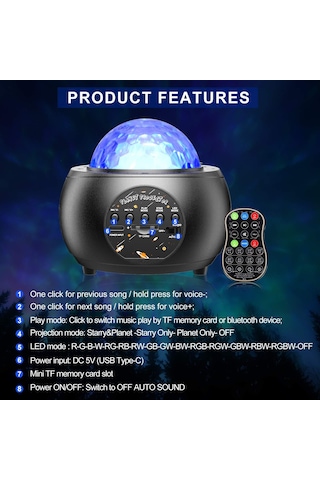 Vkemall Led Evren Projektörü, 10 Gezegen & Nöbül Işıklı, Bluetooth Hoparlörlü, Uzaktan Kumandalı Gecelik Proje Kotu