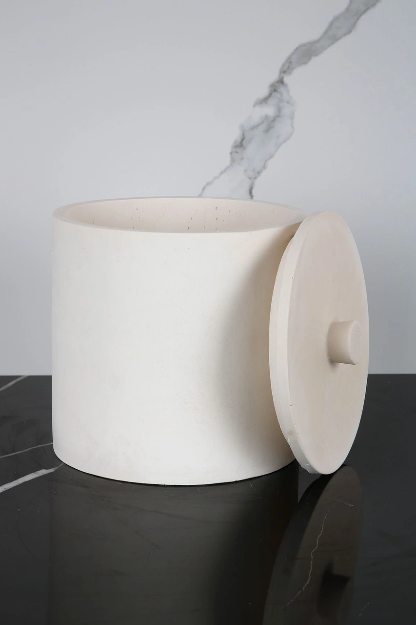 Mermer Desenli Beton Çöp Kovası Banyo Mutfak Tuvalet Wc 18 Cm 4 Litre Krem