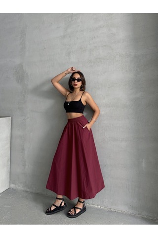 Kadın Beli Lastikli Dokuma Kloş Etek Bordo