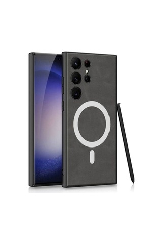 Galaxy S24 Ultra Kılıf M-safe Şarj Özellikli Deri Tasarımlı Zore Kıpta Nubuk Kapak Gri