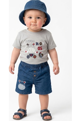 Lika&Nika Erkek Bebek Şapkalı Takım Hippo Baskılı Kısa Kollu Tişört Ve Denim Şort 3'lü Yazlık Bebek Takımı Bej