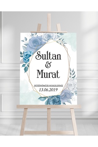 Söz Nişan Düğün İçin 50x70 Karşılama Panosu - Renkli Mavi Çiçek Tasarımlı Beyaz