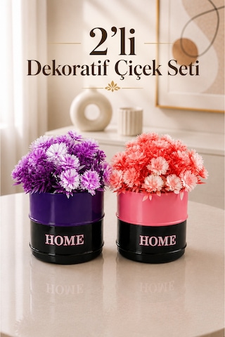 2'li Fiora Dekoratif Yapay Çiçek Seti - Home Saksılı Balkon Salon Mutfak Ofis Dekor Çiçeği Mor