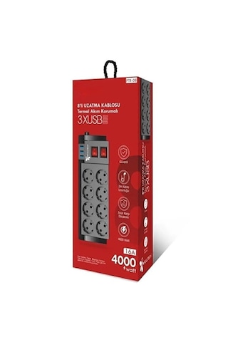 8 Li Termal Akım Korumalı Uzatma Prizi 3 Usb Hızlı Şarj 4000w 16a 2m Kablo 2