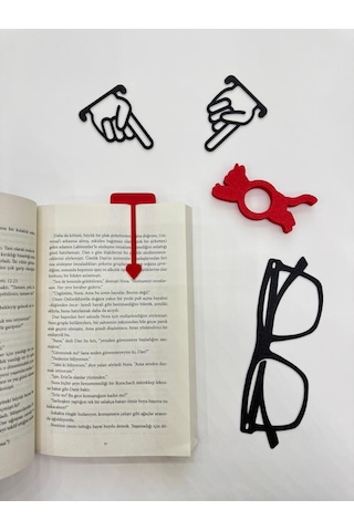 Kedili Sayfa Tutucu Ve Kitap Ayracı 5'li Set Kedili Gözlüklü El İşaretli Aksesuar