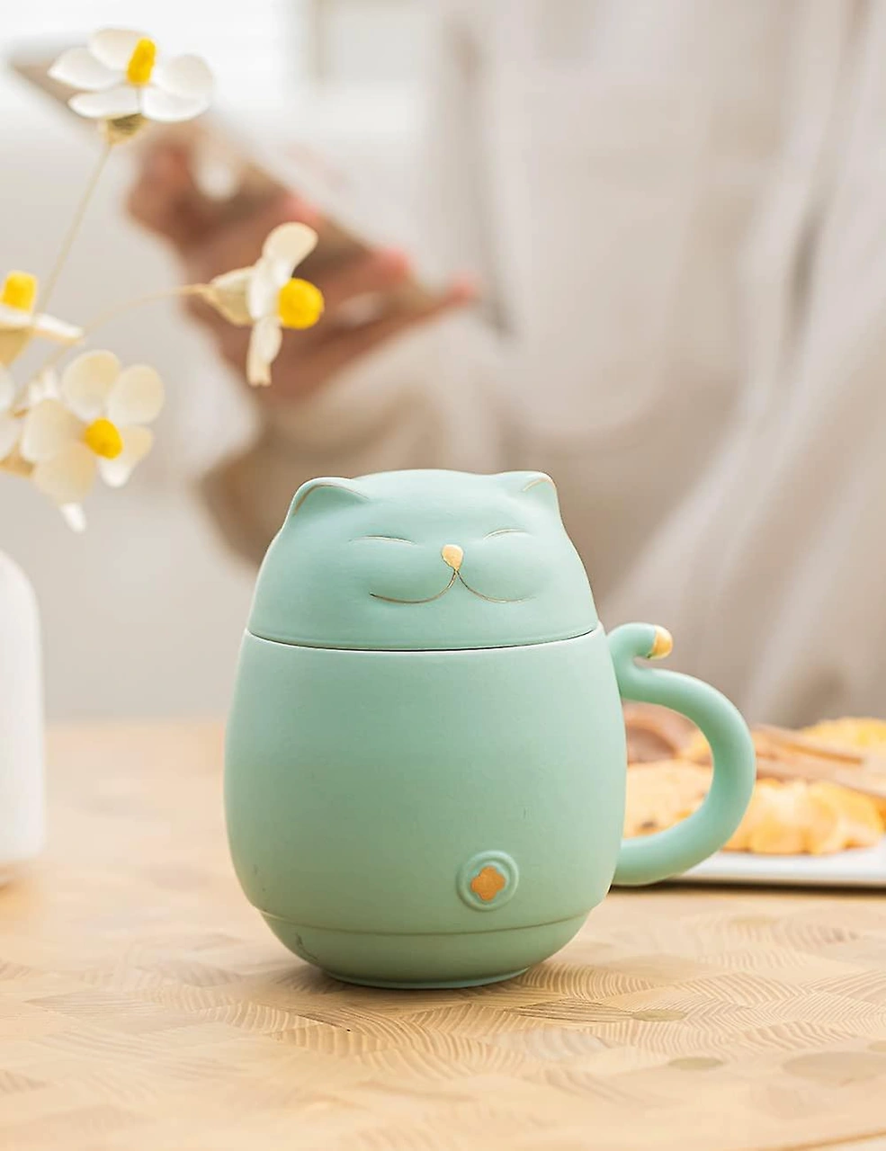 Sevimli Kedi Filtreli Çay Kupası Şanslı Kedi Kapaklı Kahve Kupası Kedi Severler İçin Seramik Kupa 300 Ml Nane Yeşili Diğer