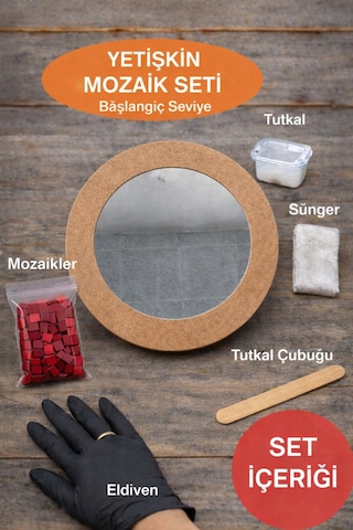 34x34cm Yuvarlak Pleksi Aynalı Yetişkin Mozaik Set Başlangıç Seviye Kırmızı Tonlar