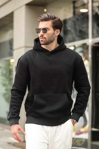 Madmext Siyah Kapüşonlu Kanguru Cep Erkek Sweatshirt E7163 Siyah