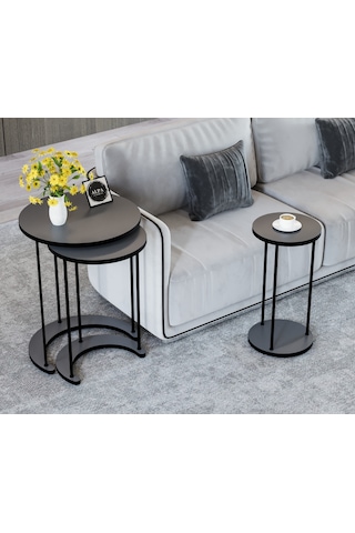 Alpa Ev Mobilya Ay 3 Lü Yuvarlak Zigon Sehpa Seti, Modern Metal Ayaklı C Model Şık Yan Sehpa Antrasit