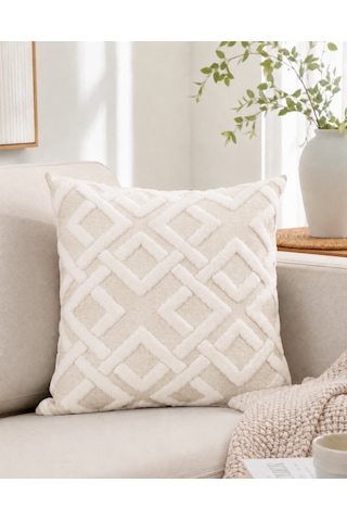 Maze 43x43 Cm Dekoratif Kırlent Kılıfı Geometrik Dokulu Modern Koltuk Yastık Kılıfı Krem