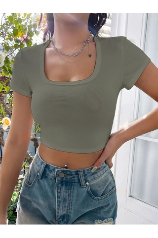 Rooted-kadın Kare & Havuz Yaka Crop T-shirt ,likralı Fitilli Kaşkorse Kumaş Mint