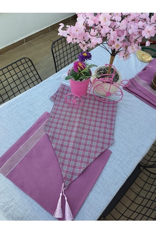 Pembe Şeritli 6 Lı Amerikan Servis Ekose Runner Seti Renkli