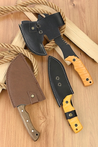 Merttools 3 Lü Outdoor Kamp Balta & Bıçak Seti Tamamı Deri Kılıflı Profesyonel Çok Amaçlı Kesici Set Kamp Seti Beyaz