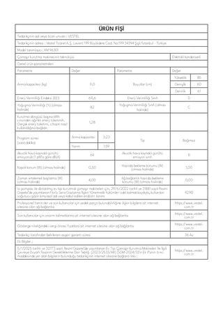 Vestel KM 96301 9 KG Isı Pompalı Çamaşır Kurutma Makinesi