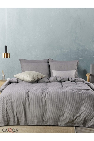 Caqqa Line Striped Naturel Pamuk Çift Kişilik Nevresim Takımı Antrasit