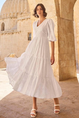 Monamise 23077 Kadın Truvakal Kol V Yaka Elbise-beyaz Beyaz