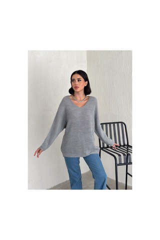 Fiolin Kadınv Yaka Selanik Örgü Oversize Triko Kazak Gri