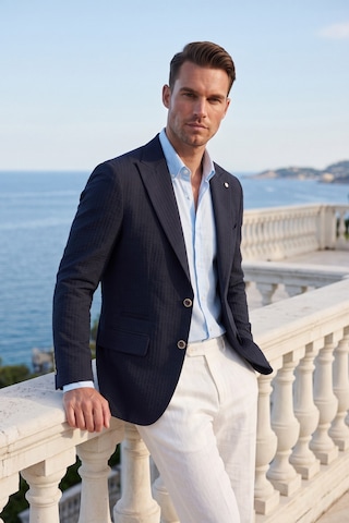 Rizzup Erkek Slim Fit Likralı Lacivert Blazer Ceket Gofre Dokulu Esnek Çift Düğmeli Spor Ceket 2600813